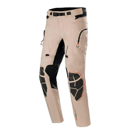 Black, beige, and orange Alpinestars AMT-10R textile pants made with Drystar material, featuring reinforced knee protection and multiple pockets, size XXL.