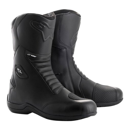 Black leather Alpinestars Andes V2 Drystar boots feature a sleek design, reinforced toe and heel, padded ankle support, and textured grip on the sole for enhanced traction.