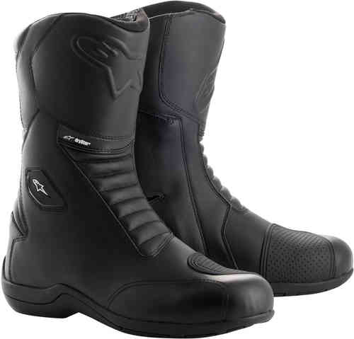 Black Alpinestars Andes V2 Drystar boots, size 38 EU, featuring a sleek design, textured panels, reinforced toe, and a sturdy sole for enhanced grip and protection.