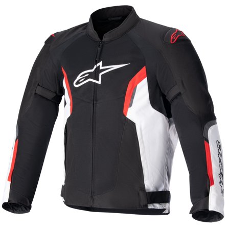 Alpinestars AST V2 Air leather motorcycle jacket in 4X-Large, featuring a sleek black design with white and bright red accents, zippered front, and padded shoulders for protection.