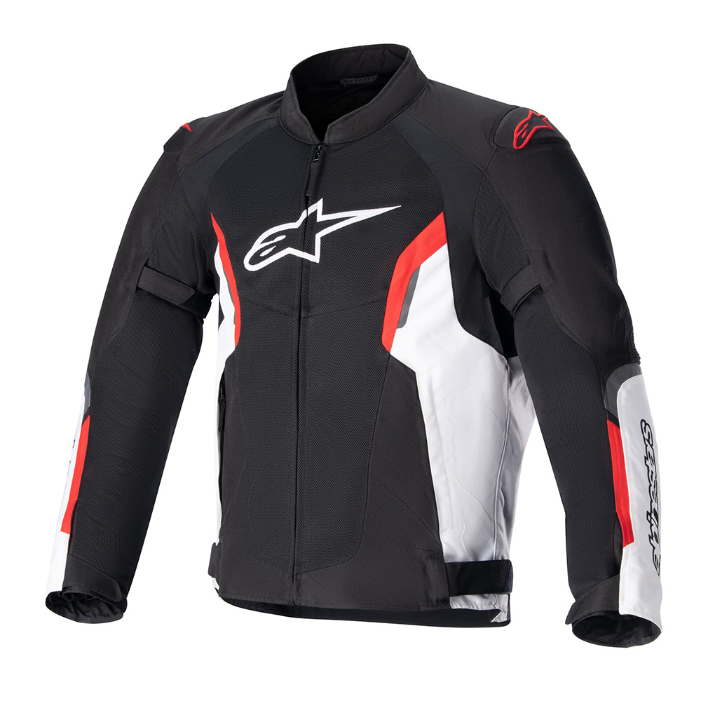Black and white textile motorcycle jacket with neon-red accents, featuring a zip front, padded shoulders, and Alpinestars logo on the chest, in size S.