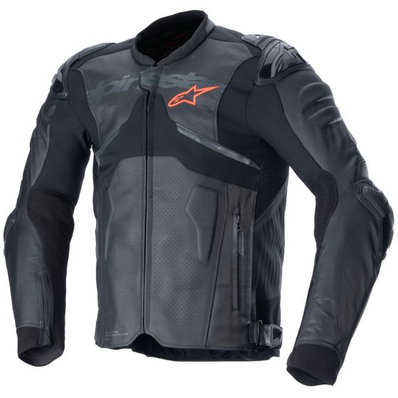 Black leather Alpinestars Atem V5 jacket in size 60, featuring perforated panels, a zip closure, and prominent red logo detailing on the chest.