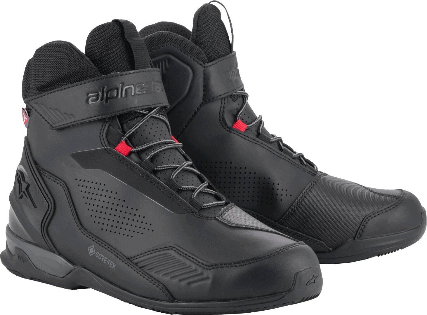 Black and dark grey Alpinestars Austral shoes featuring a Gore-Tex material, lace-up design, padded collar, and perforated detailing, size 10 US.