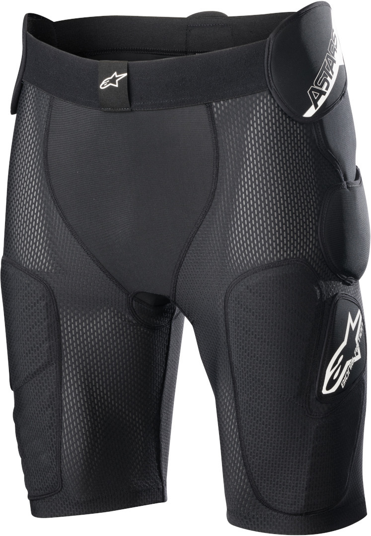Black Alpinestars Bionic Action Protector Shorts in size 2XL for men, featuring breathable mesh material, padded hip protection, and a logo on the waistband.