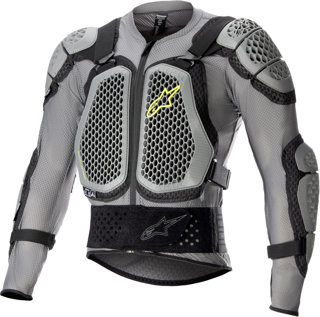 Grey and black protective jacket with neon yellow accents, featuring mesh panels, adjustable straps, and molded armor for enhanced safety, size XL.