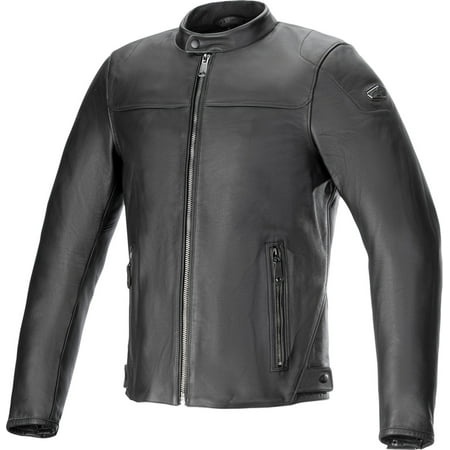 Black leather Alpinestars Blacktrack jacket in size 4XL features a sleek design, front zipper closure, and two side pockets for a stylish, functional look.