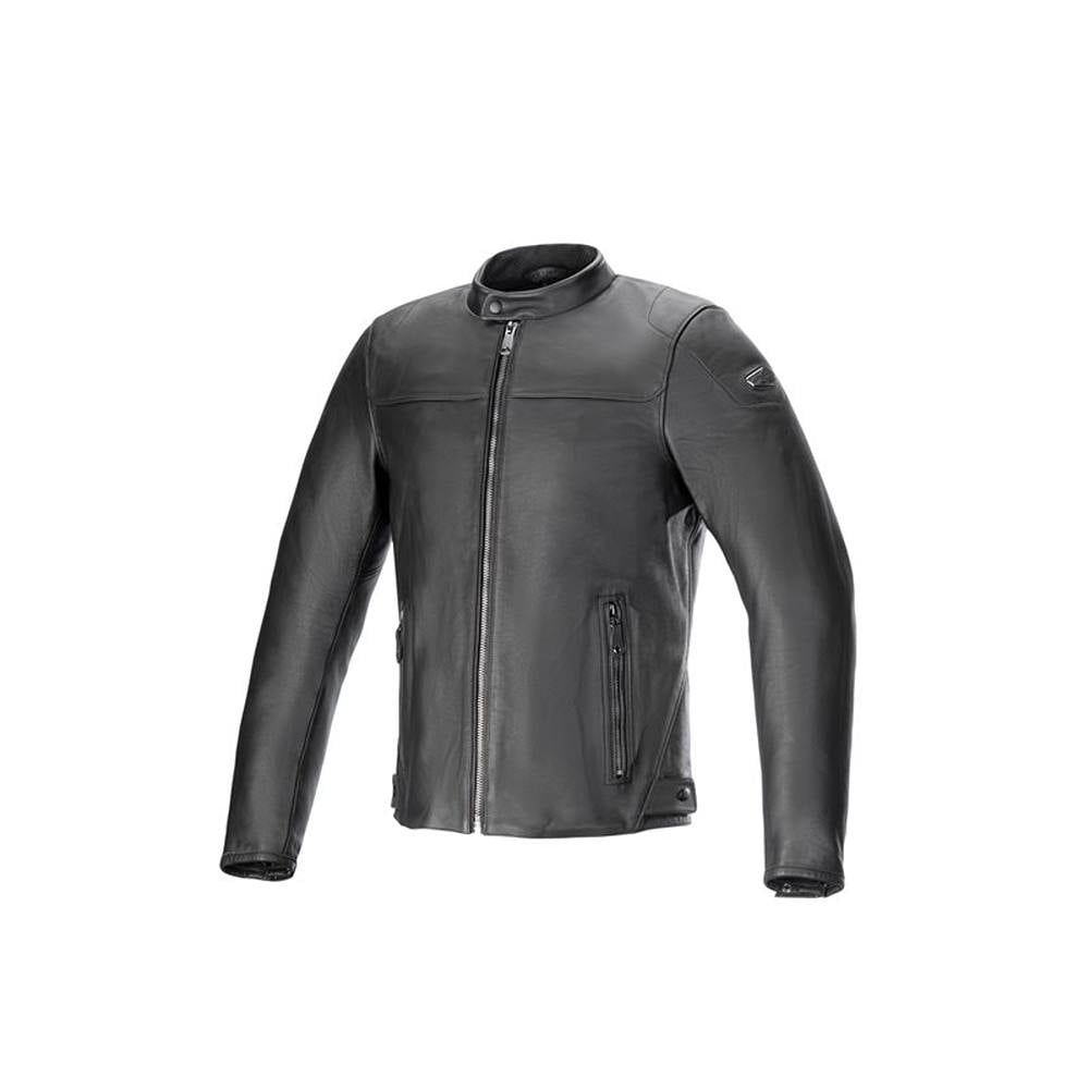 Black Alpinestars Blacktrack leather jacket in size S features a sleek design with a high collar, front zip closure, and two zippered side pockets.