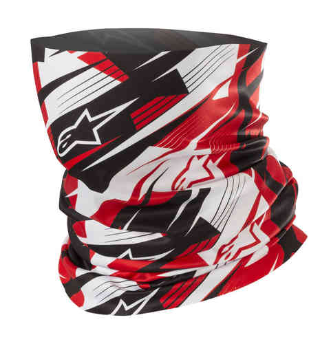 Multifunctional headwear featuring a vibrant red, black, and white abstract design, made from stretchy, breathable material, ideal for various outdoor activities.