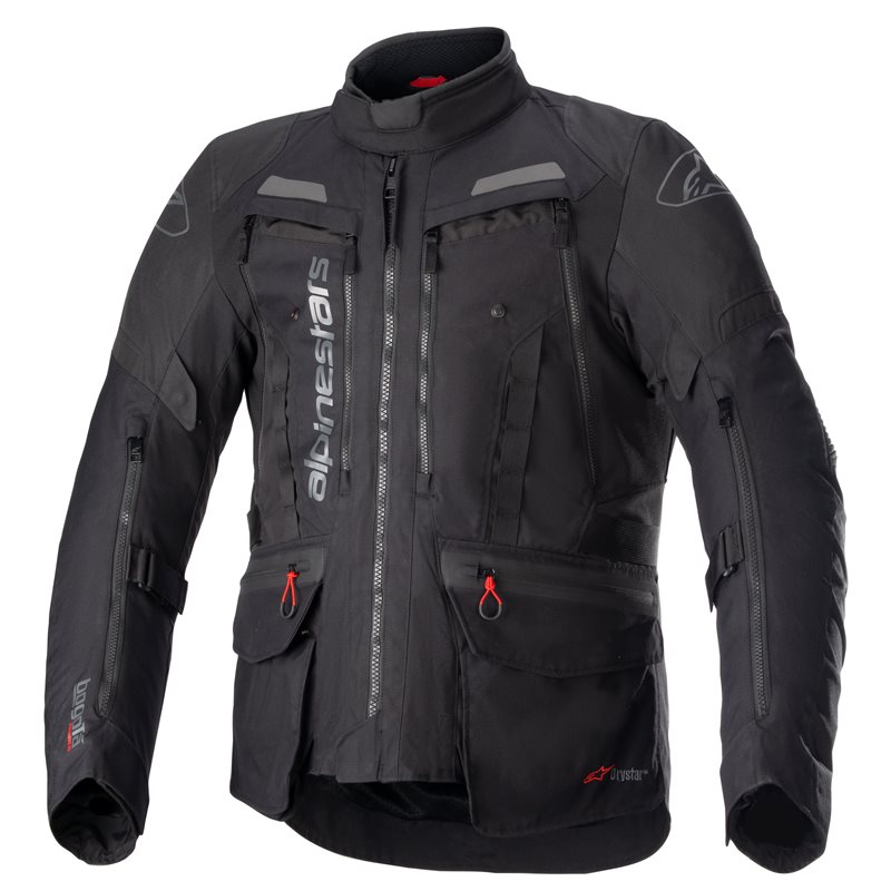 Black Alpinestars Bogotá Pro textile jacket with Drystar technology, featuring multiple zippered pockets, adjustable cuffs, and reflective details, size XXL.