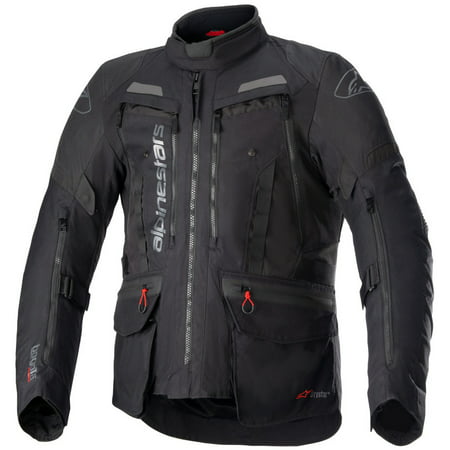 Black Alpinestars Bogotá Pro textile jacket featuring Drystar technology, multiple zippered pockets, reflective accents, and adjustable cuffs, sized 4XL.