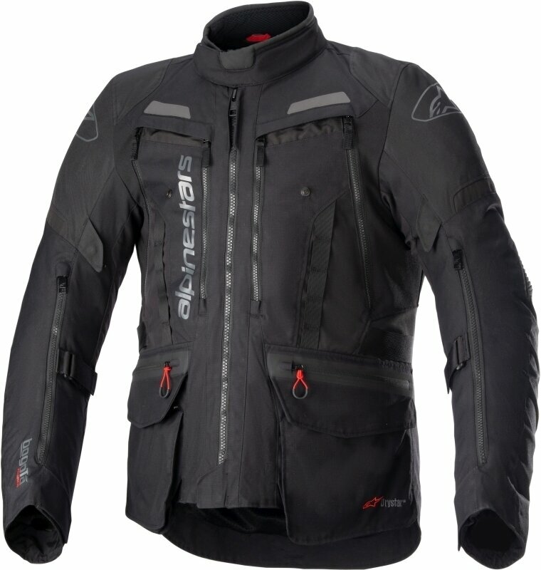 Black textile motorcycle jacket featuring multiple zippered pockets, reflective accents, and adjustable cuffs for enhanced fit and comfort.