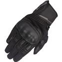 Black and white leather motorcycle gloves with fluo accents, featuring padded knuckles, reinforced palm, and adjustable wrist closure, designed for comfort and protection.