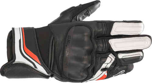 Black and white Alpinestars Booster V2 motorcycle gloves in size XXL, featuring padded knuckles, reinforced palm, and vibrant red accents for enhanced visibility and protection.