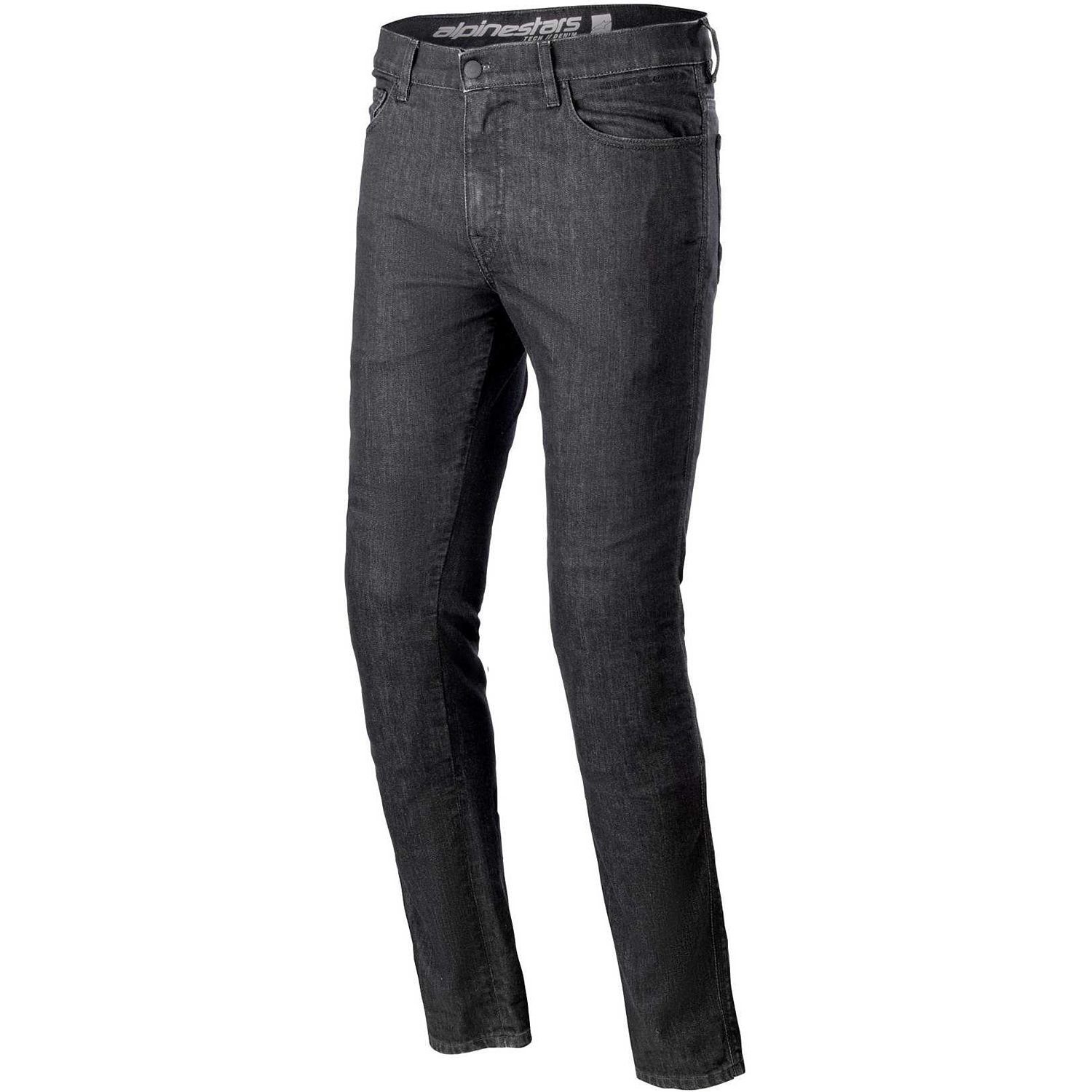Black Alpinestars Cerium Denim Tech jeans in size 34, featuring a slim fit design, durable denim material, and a stylish waistband with the Alpinestars logo.