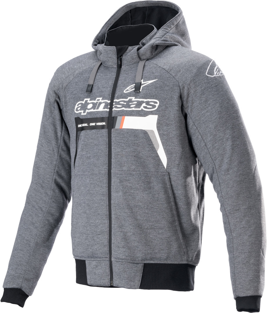 Grey, white, and black hoodie with a zip front, featuring a large "alpinestars" logo on the chest, adjustable hood, and ribbed cuffs, designed in a 4XL size.