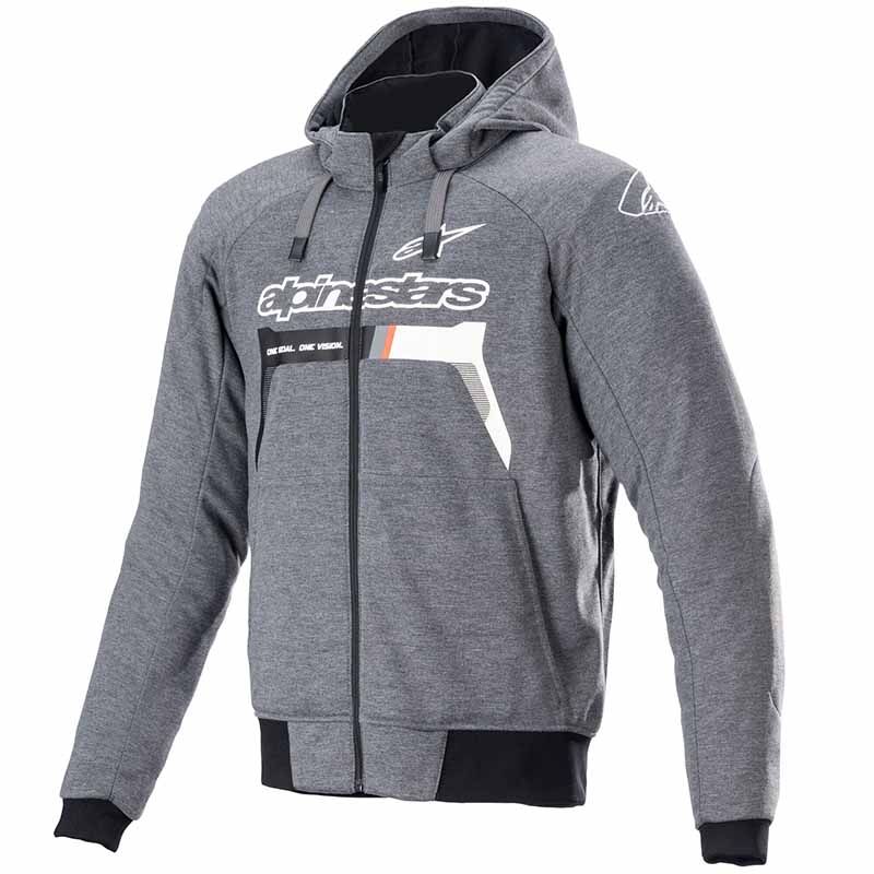 Grey, white, and black hoodie with a zippered front, adjustable hood, and prominent "alpinestars" logo on the chest, made from soft material, size S.