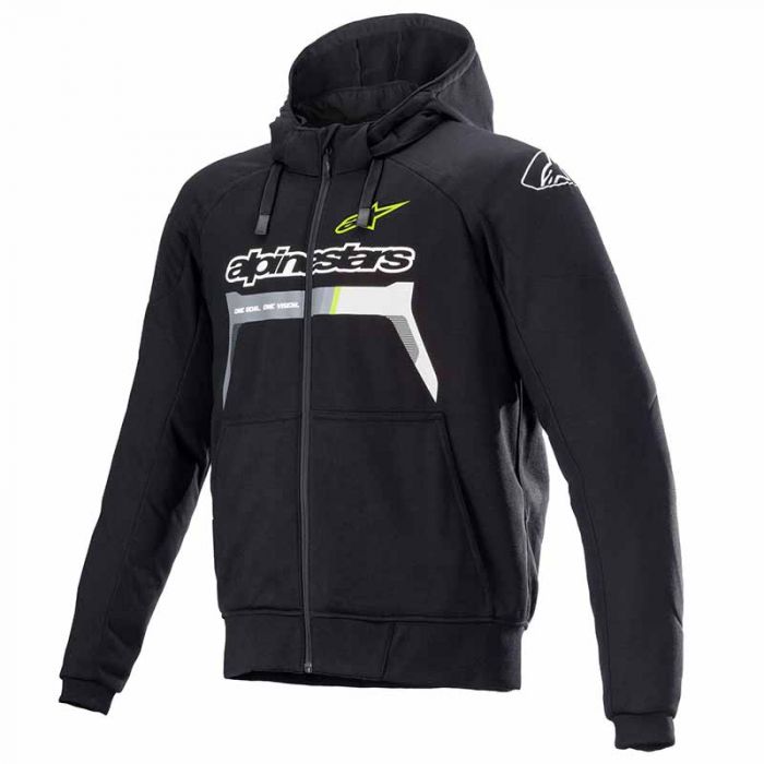 Black hoodie with neon yellow and grey accents, featuring a zip-up front, a hood, and the alpinestars logo prominently displayed on the chest. Size S.