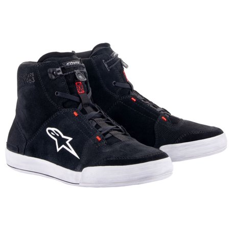 Black and white Alpinestars Chrome shoes in size 11 US, featuring a high-top design, textured black fabric, white logo, and red accents on the laces and tongue.