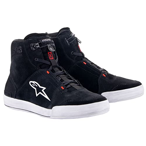 Black and white Alpinestars Chrome shoes feature a high-top design, suede material, contrasting white logo, and red accents, available in size 9 US.