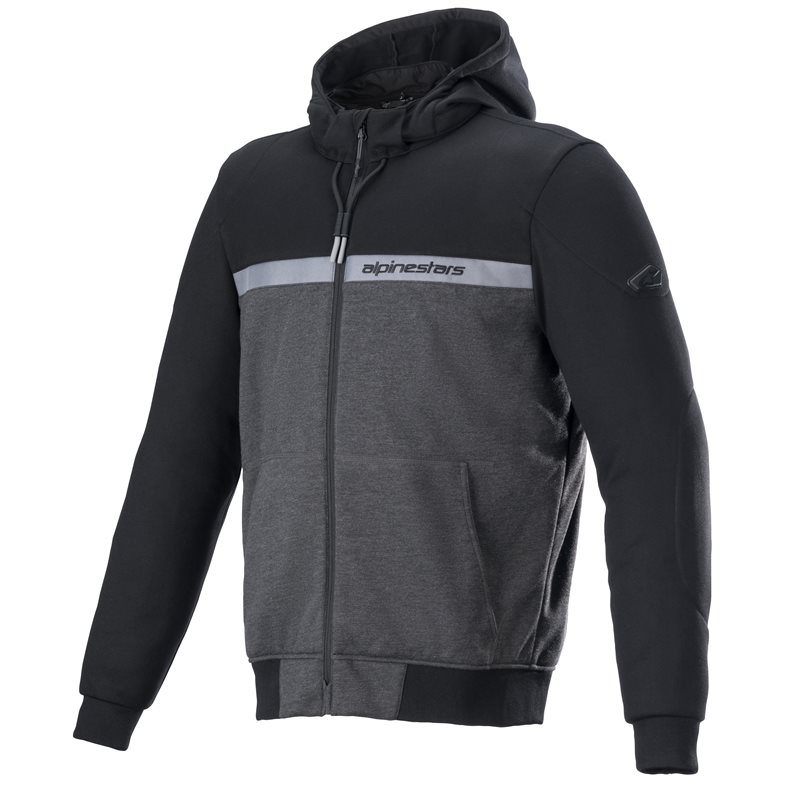 Black melange motorcycle hoodie with a zip front, featuring a grey stripe across the chest, Alpinestars logo on the left side, and a comfortable hood. Size XXL.