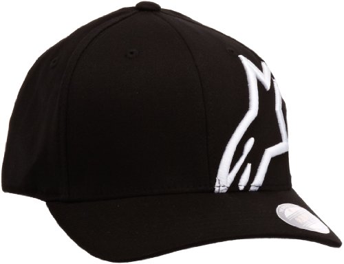 Black cap featuring a prominent white Alpinestars logo on the front, made from durable fabric, with a structured fit and adjustable size for L/XL.