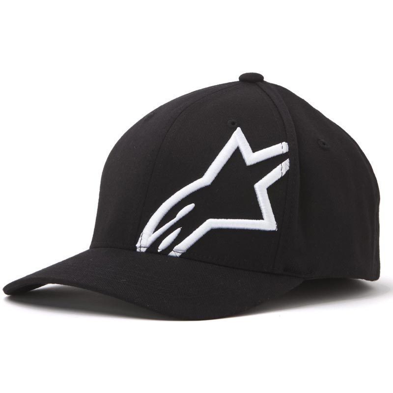 Black and red Alpinestars Corp Shift 2 Flexfit cap featuring a prominent white logo, made of durable fabric, with a structured front and a curved brim, size S/M for men.