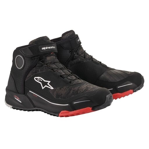 Black and brown high-top shoes with red accents, featuring a textured upper, lace-up closure, and Alpinestars logo, designed for waterproof performance in size 12 US.