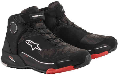Alpinestars CR-X Drystar shoes in black, brown, and red, featuring a high-top design, textured upper, and a rubber sole for enhanced grip, size 7 US.