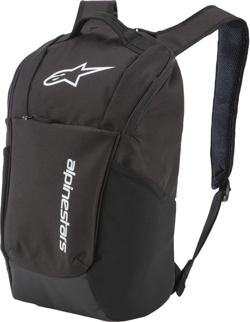 Black Alpinestars Defcon V2 backpack featuring a large main compartment, front pocket, padded shoulder straps, and a mesh back panel for ventilation.