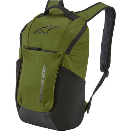 Green and black Alpinestars Defcon V2 backpack featuring a sleek design, durable fabric, zippered front pocket, and padded shoulder straps for comfort.