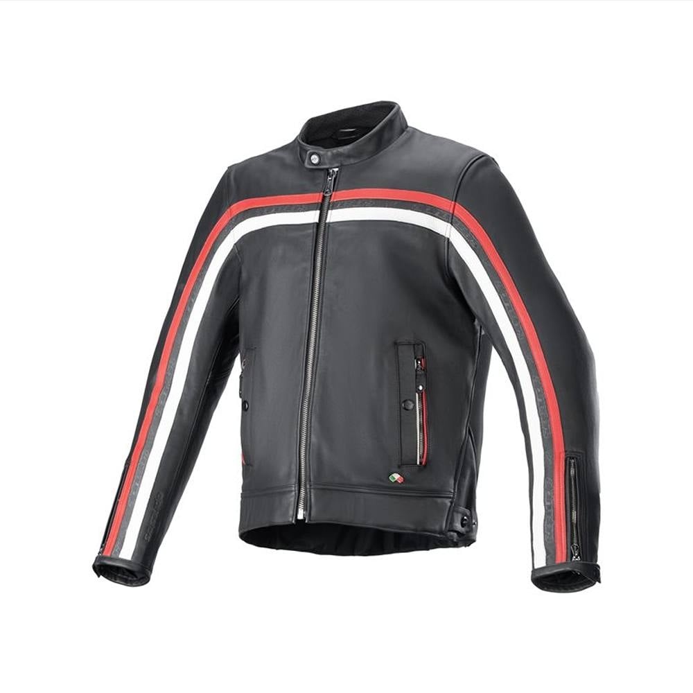 Black leather jacket with red and white stripes, featuring a zip closure, side pockets, and a classic collar, available in size XXL.