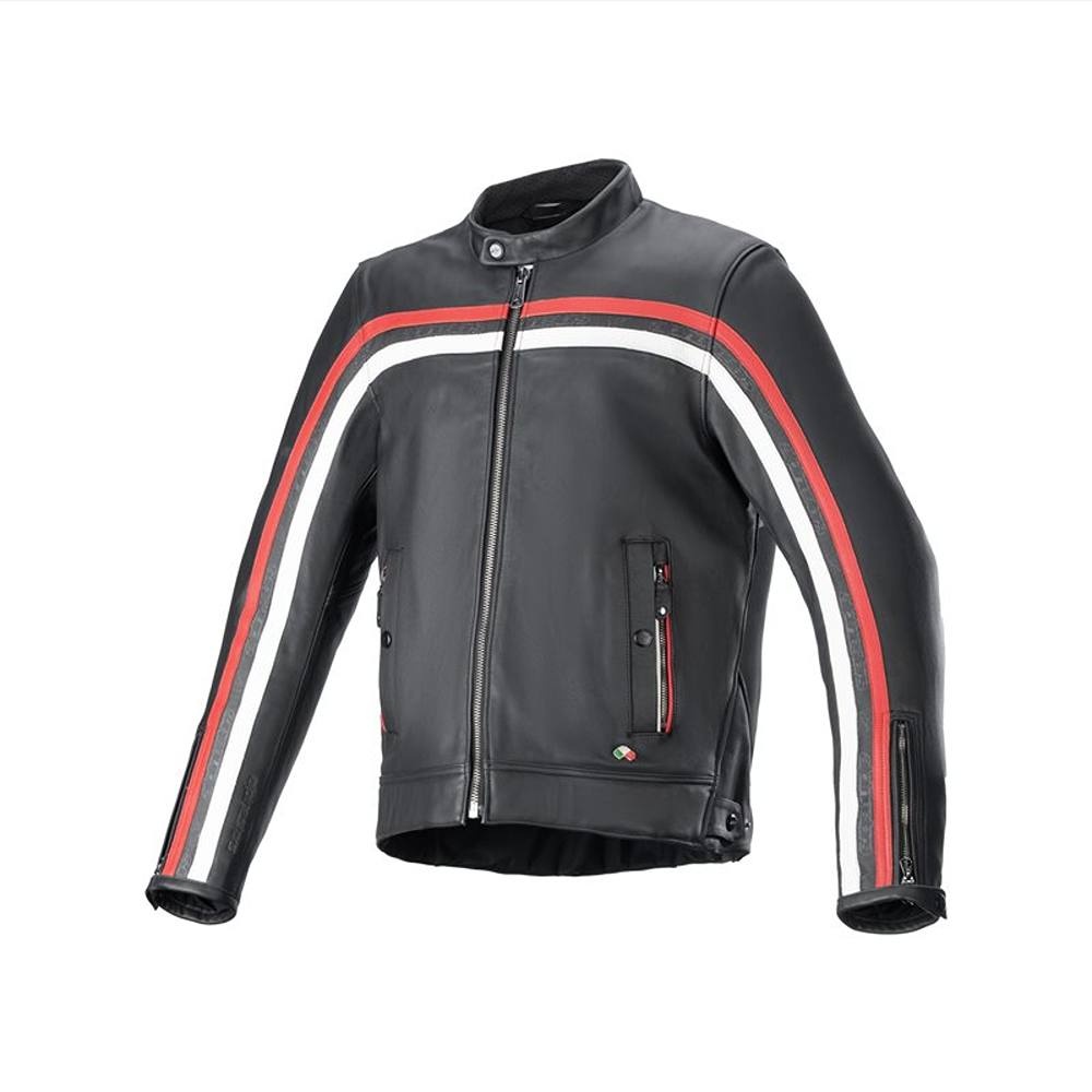 Black leather jacket featuring bold red and white stripes, zippered front, and side pockets, designed by Alpinestars in size L.