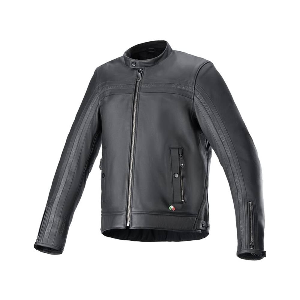 Black leather Alpinestars Dyno jacket in size M, featuring a classic design with zippered pockets and subtle branding details.
