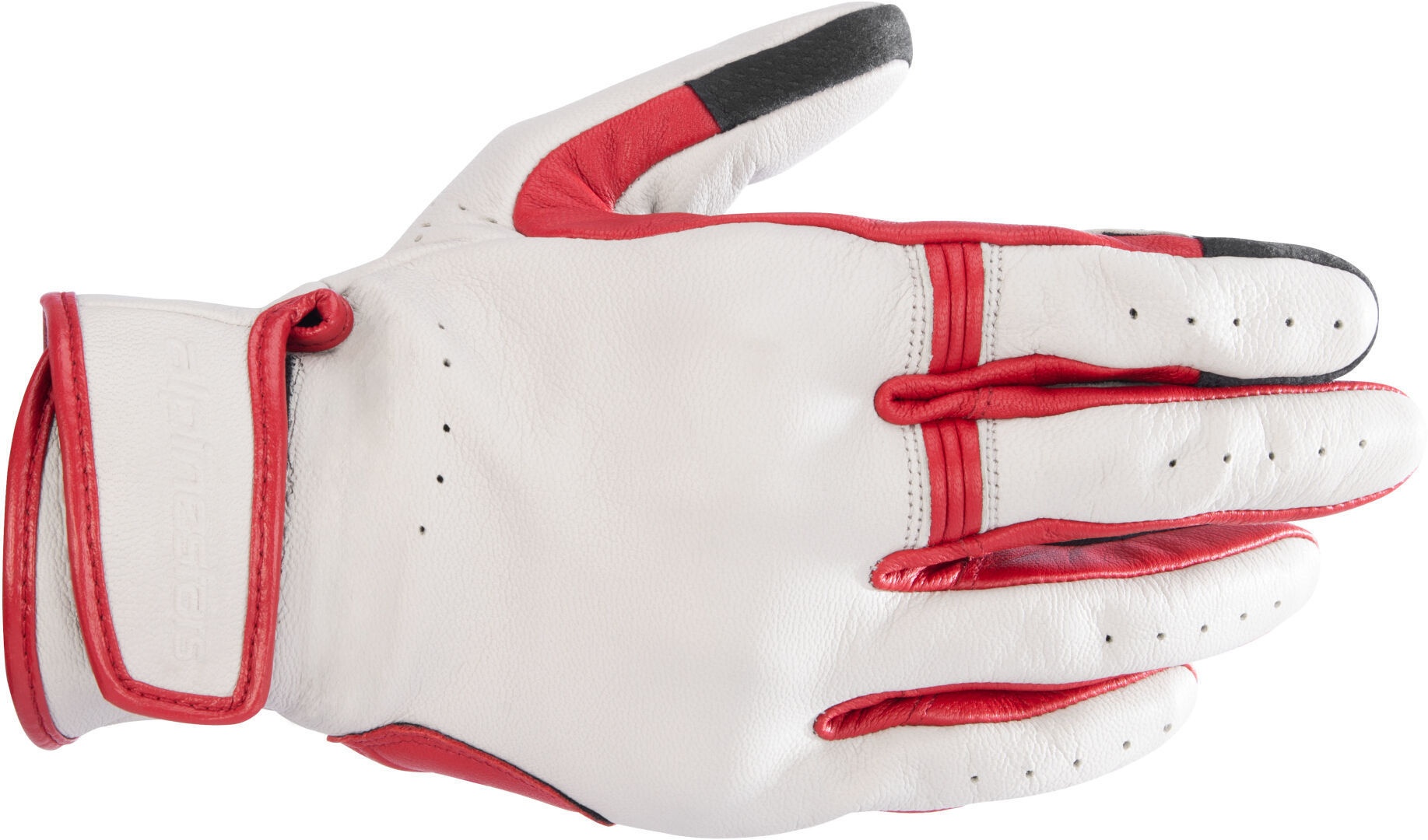 White and red Alpinestars Dyno gloves in size L, featuring a leather material, perforated details for breathability, and a secure wrist strap.