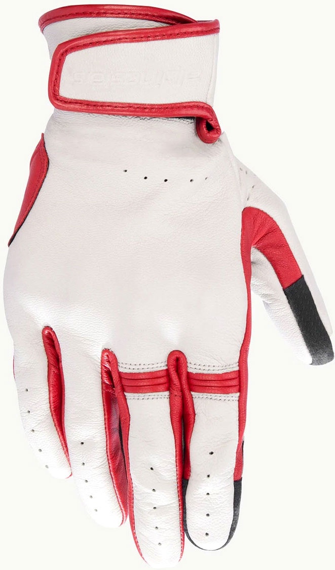 White and red leather gloves with perforated details, featuring a snug fit and reinforced areas, designed for enhanced grip and protection, size XXL.
