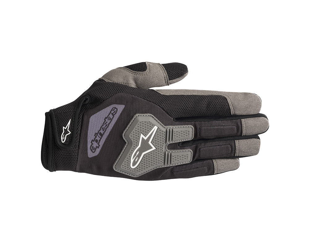 Black and grey Alpinestars Engine Mechanics Gloves in X-Large size, featuring a textured palm, breathable mesh, and reinforced knuckles for enhanced grip and protection.