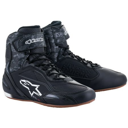 Black-grey Alpinestars Faster 3 motorcycle shoes feature a sleek design, synthetic leather material, reinforced toe, ankle protection, and a rubber sole for grip, sized 48 for men.
