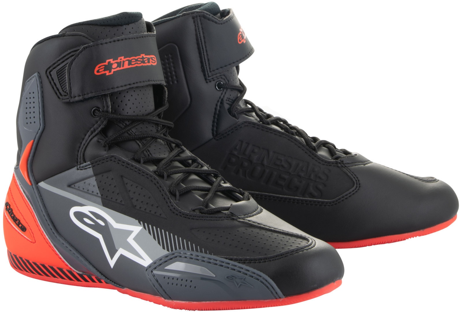 Black, grey, and red Alpinestars Faster 3 2024 perforated motorcycle shoes with a high-top design, featuring a lace-up front, padded collar, and a textured sole for grip.