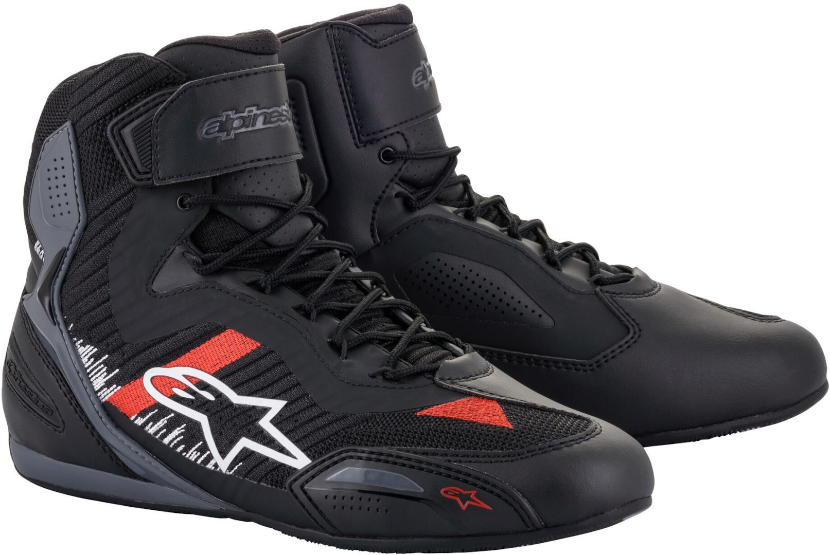 Black and grey Alpinestars Faster 3 Rideknit shoes with light red accents, featuring a high-top design, lace-up front, and breathable mesh panels, size 9 US.
