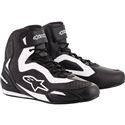 Black Alpinestars Faster 3 Rideknit shoes in size 10 US, featuring a sleek design with white accents, a high-top silhouette, and a breathable knit upper for enhanced comfort and performance.