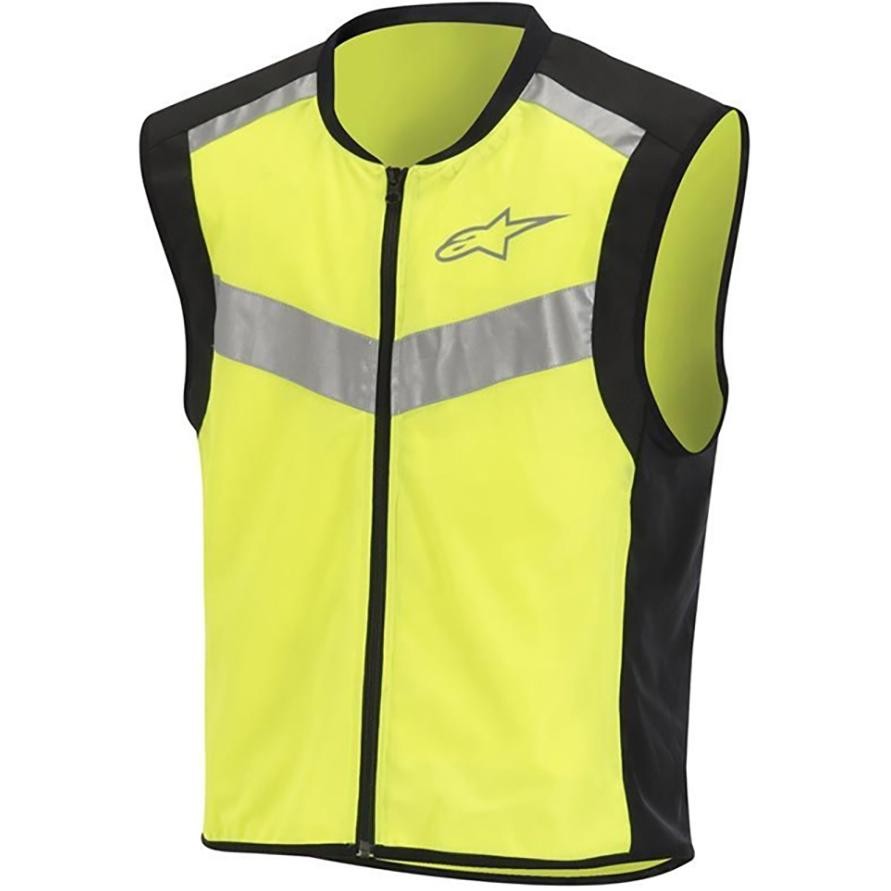 Bright yellow hi-vis vest with reflective silver stripes, black trim, and a front zipper, featuring the Alpinestars logo on the chest. Made from lightweight, breathable material.