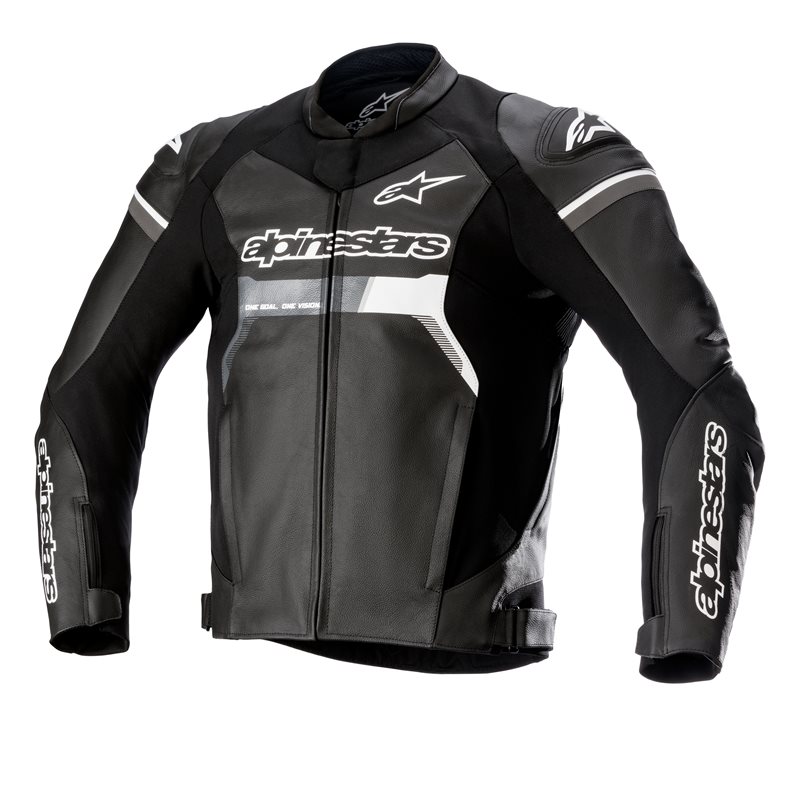 Black leather motorcycle jacket featuring Alpinestars branding, with a sleek design, padded shoulders, and reflective accents, sized 46 (UK 36).