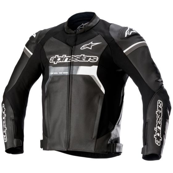 Black leather motorcycle jacket featuring a sleek design, white accents, and Alpinestars branding, designed for performance with a fitted silhouette and protective elements.