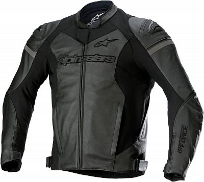 Black leather motorcycle jacket featuring a sleek design, Alpinestars branding on the chest, and protective padding on the shoulders and elbows, size 46 (UK 36).