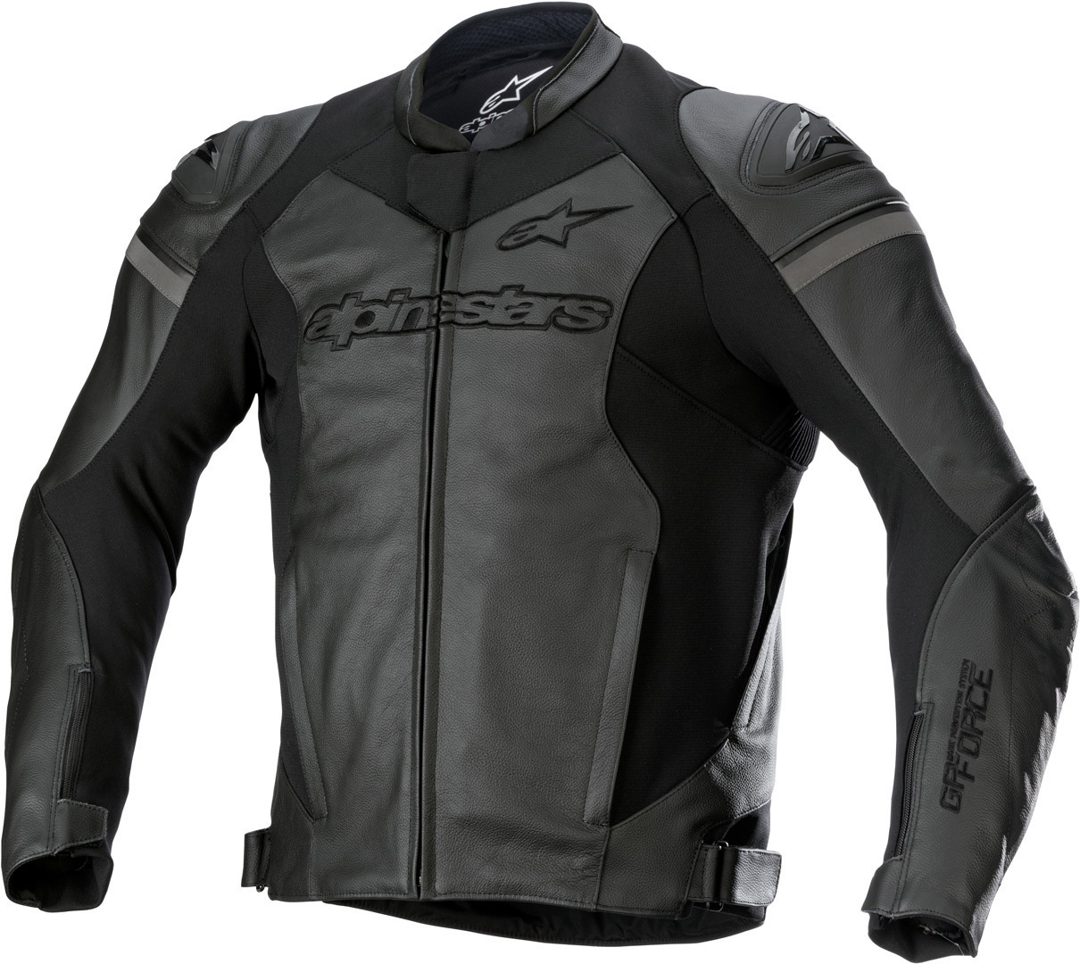 Black leather motorcycle jacket featuring Alpinestars branding, with a sleek design, padded shoulders, and a zippered front, suitable for UK size 50.