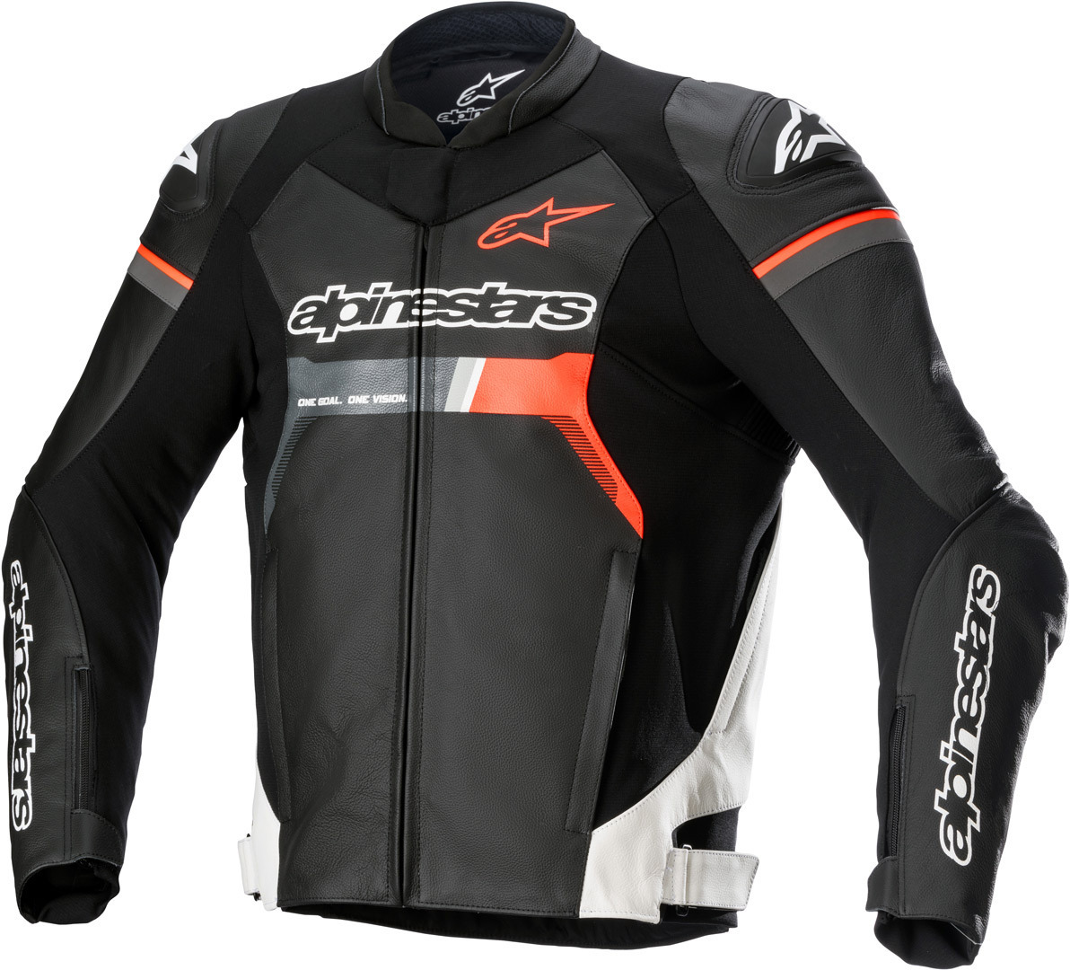 Black leather motorcycle jacket with white and red fluo accents, featuring Alpinestars branding, a fitted design, and protective padding on shoulders and elbows.