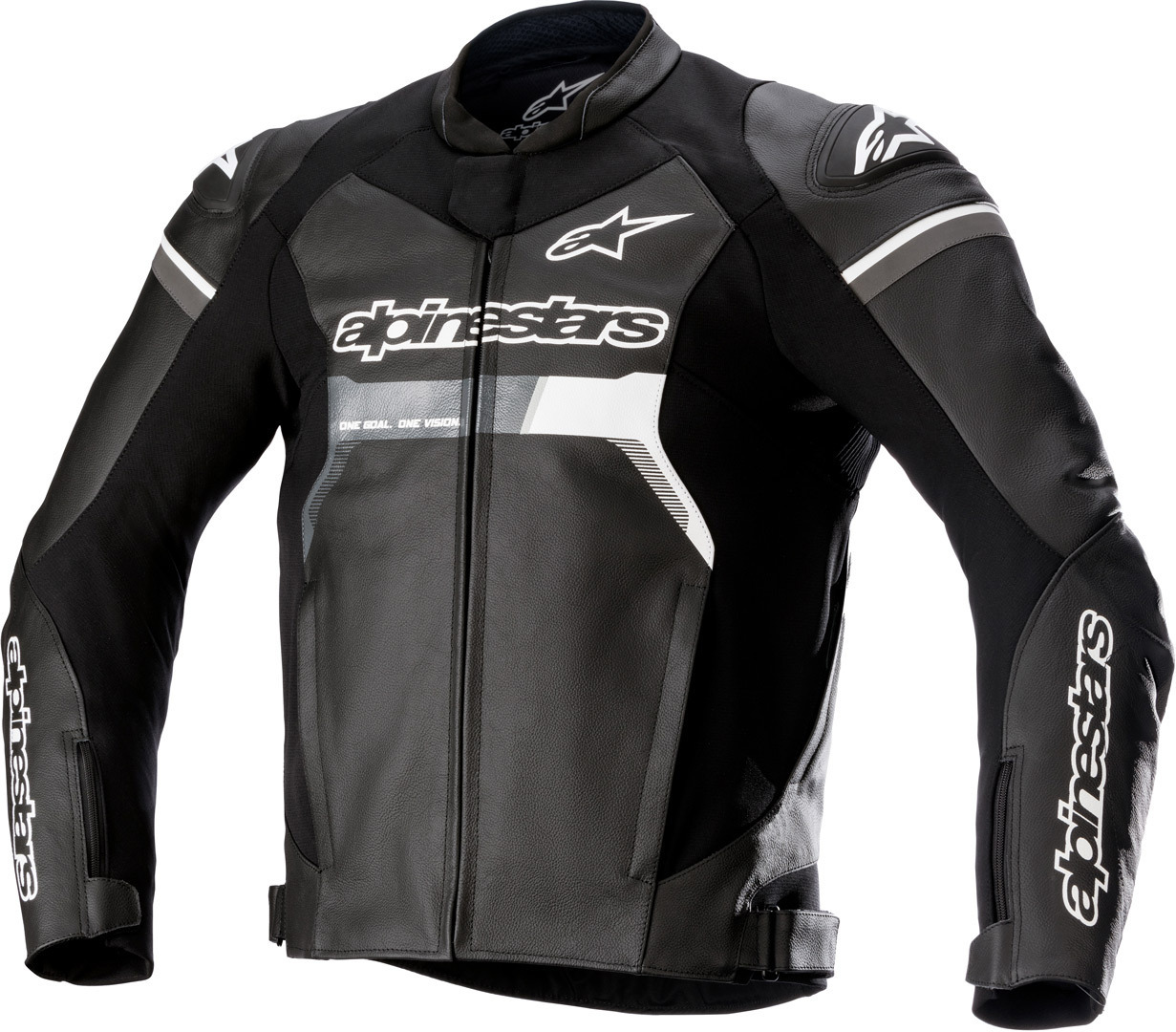 Black leather motorcycle jacket with textile panels, featuring Alpinestars logo, zip closure, and padded shoulders, designed for optimal protection and comfort in size 50 (UK 40).