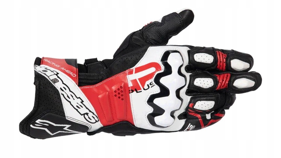 Black, white, and red Alpinestars GP Plus R V3 motorcycle gloves in size XL for men, featuring textured leather, protective knuckles, and reinforced palm for enhanced grip and safety.