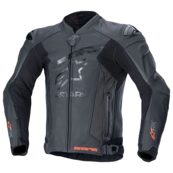 Black perforated leather motorcycle jacket featuring Alpinestars logo, mesh panels for ventilation, and a sleek design, size 54.