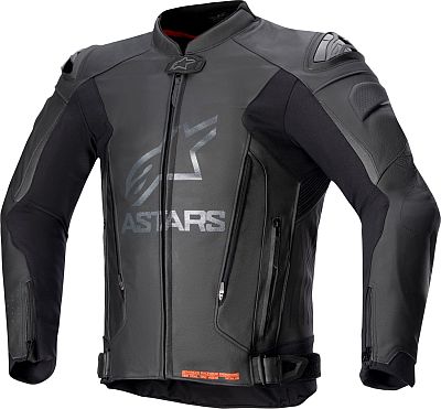 Black leather Alpinestars GP Plus V4 jacket, size 58, featuring a sleek design, zippered pockets, shoulder and elbow armor, and a prominent logo on the chest.